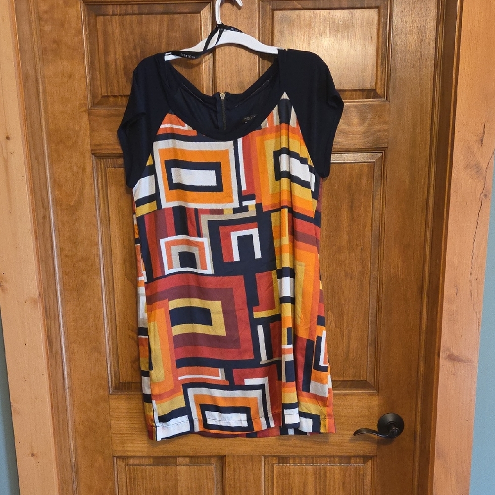 EUC Vintage Bisou Bisou Black and Orange Geometric Mini Dress Size 16